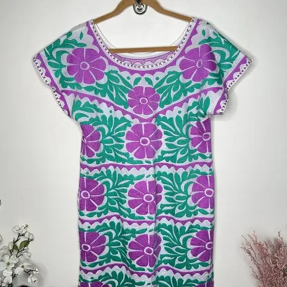 NIMO WITH LOVE Sorrento Kaftan Midi Dress Embroidered Purple Green {3V32} Women